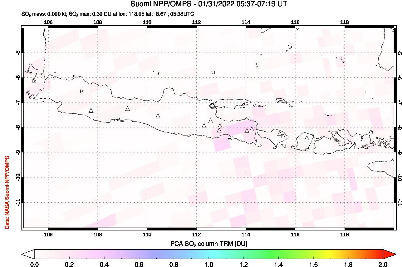 A sulfur dioxide image over Java, Indonesia on Jan 31, 2022.