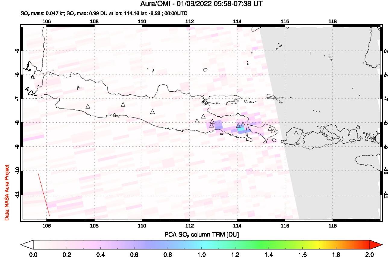 A sulfur dioxide image over Java, Indonesia on Jan 09, 2022.