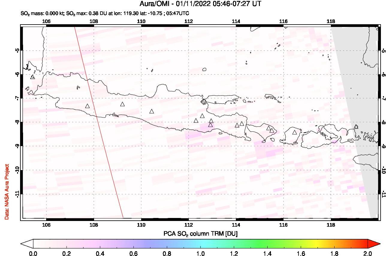 A sulfur dioxide image over Java, Indonesia on Jan 11, 2022.