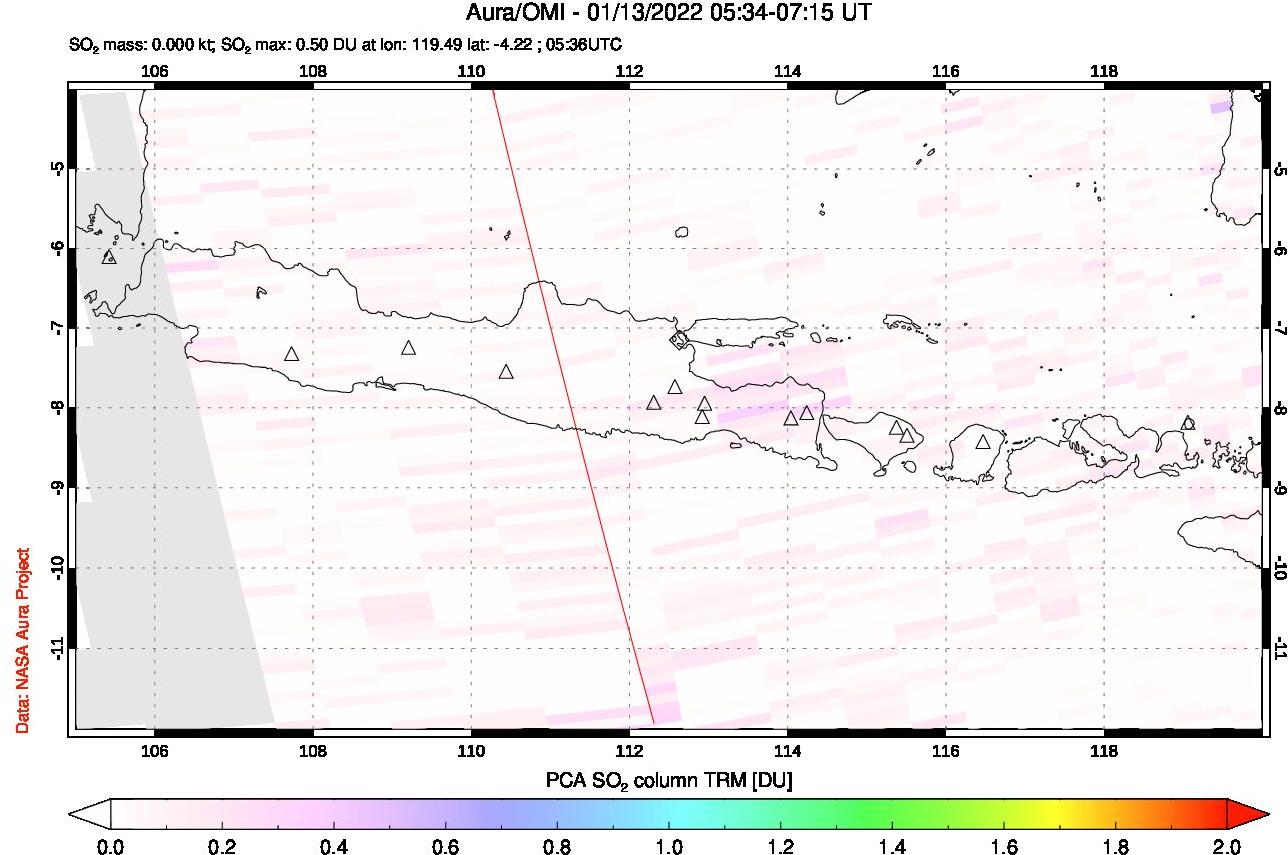 A sulfur dioxide image over Java, Indonesia on Jan 13, 2022.