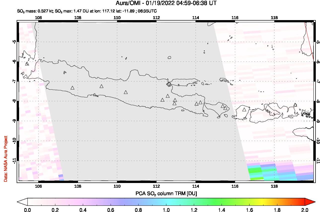 A sulfur dioxide image over Java, Indonesia on Jan 19, 2022.