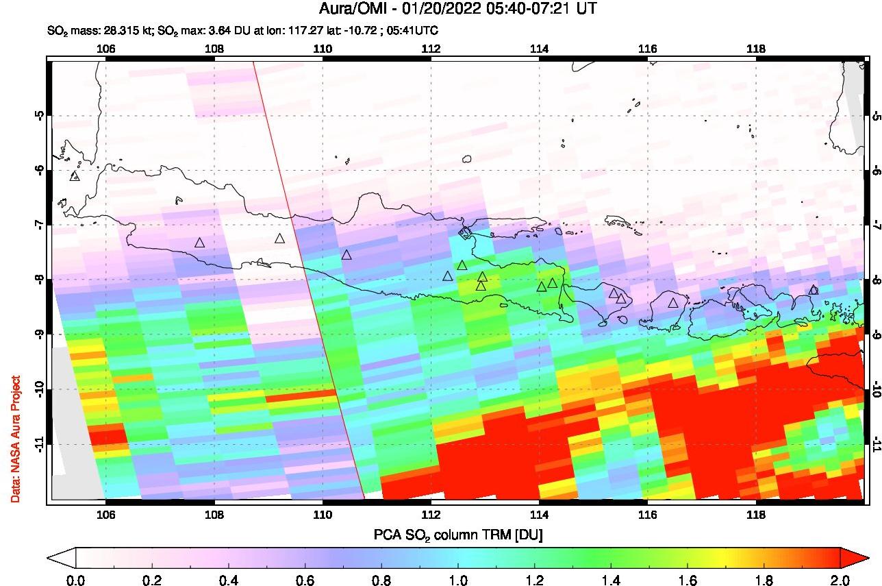 A sulfur dioxide image over Java, Indonesia on Jan 20, 2022.