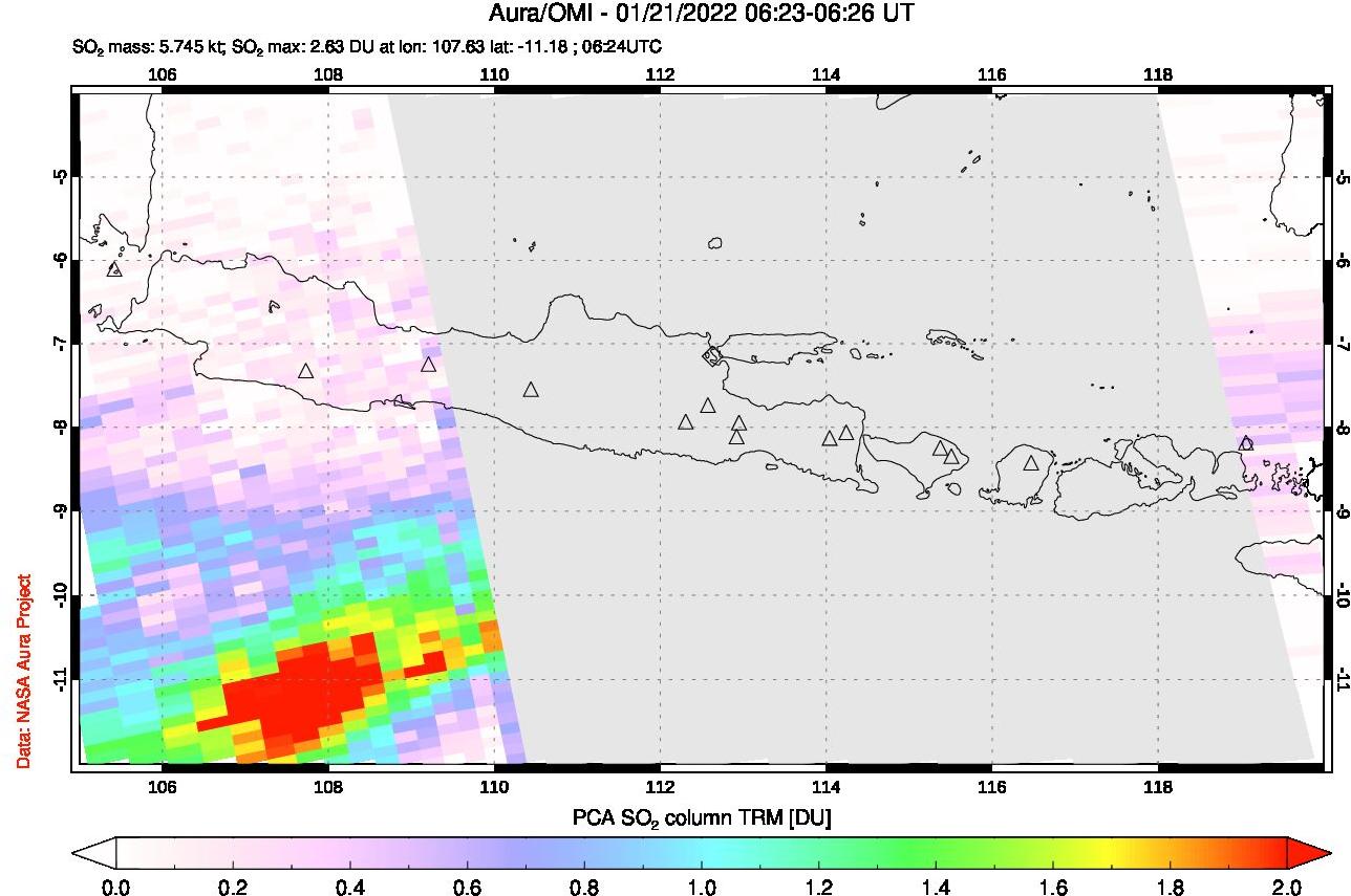 A sulfur dioxide image over Java, Indonesia on Jan 21, 2022.