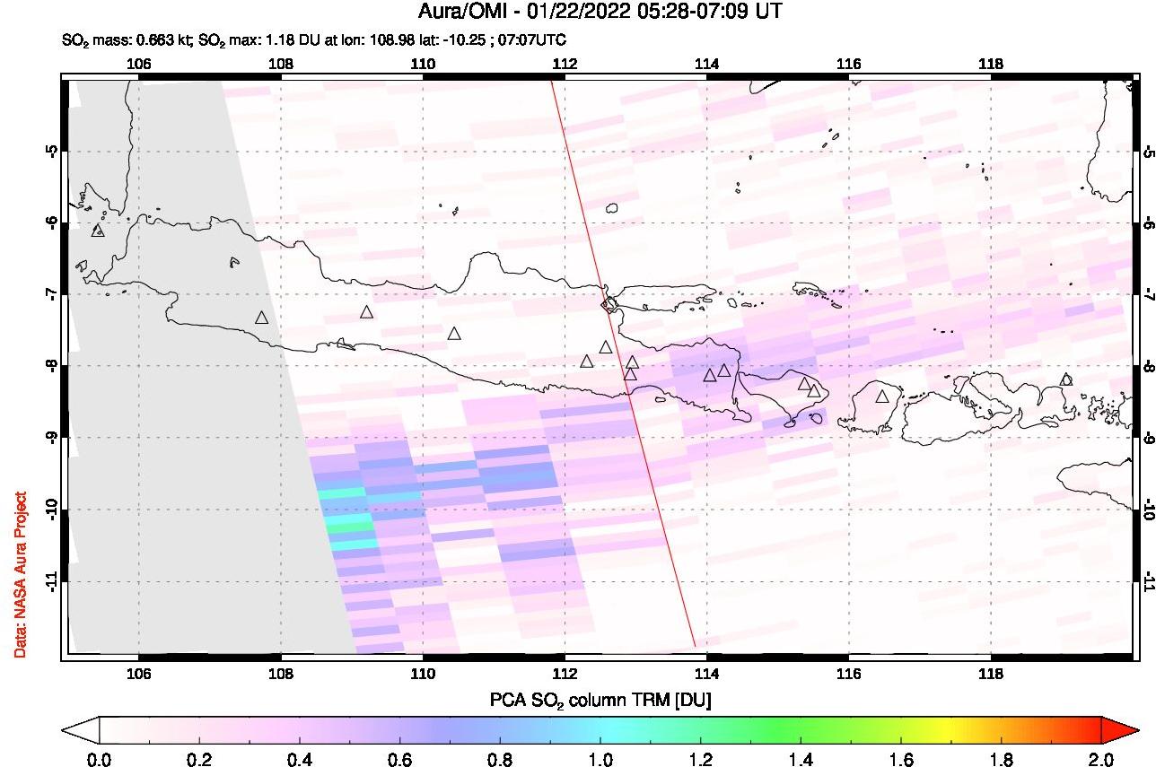 A sulfur dioxide image over Java, Indonesia on Jan 22, 2022.