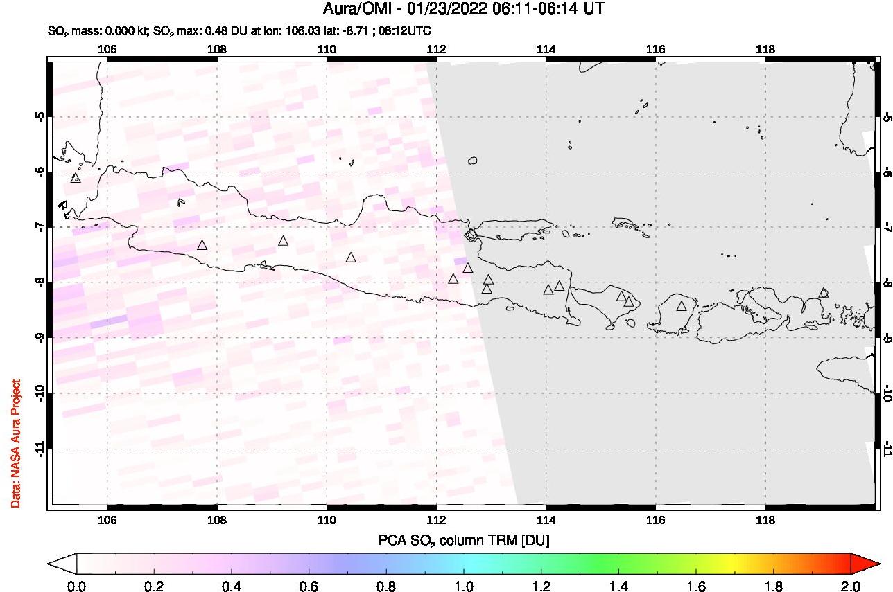 A sulfur dioxide image over Java, Indonesia on Jan 23, 2022.