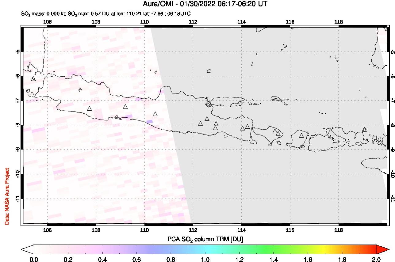 A sulfur dioxide image over Java, Indonesia on Jan 30, 2022.