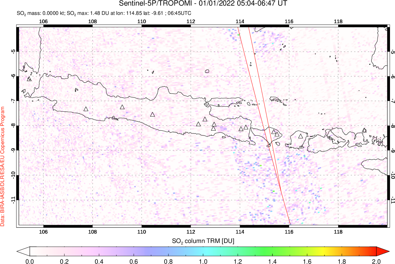 A sulfur dioxide image over Java, Indonesia on Jan 01, 2022.