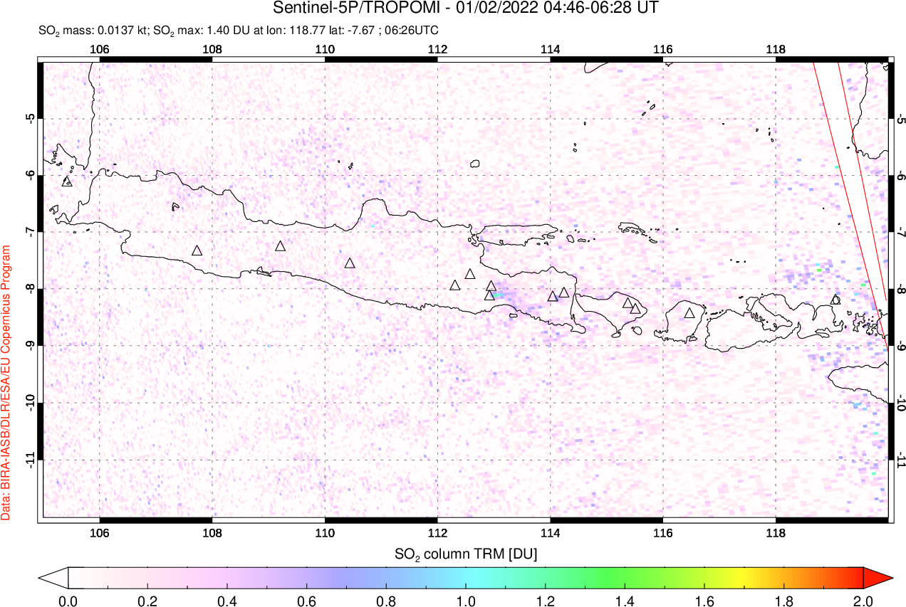 A sulfur dioxide image over Java, Indonesia on Jan 02, 2022.