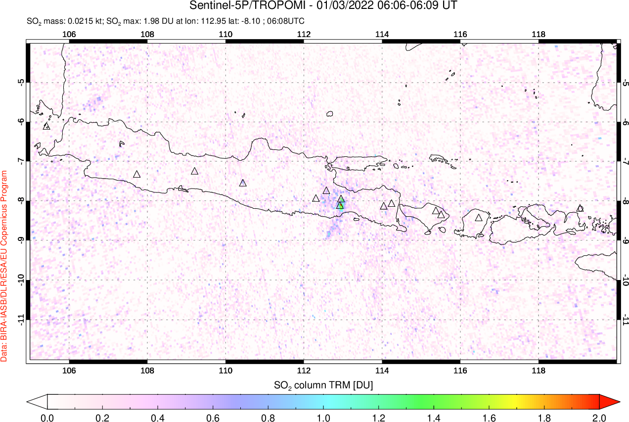 A sulfur dioxide image over Java, Indonesia on Jan 03, 2022.