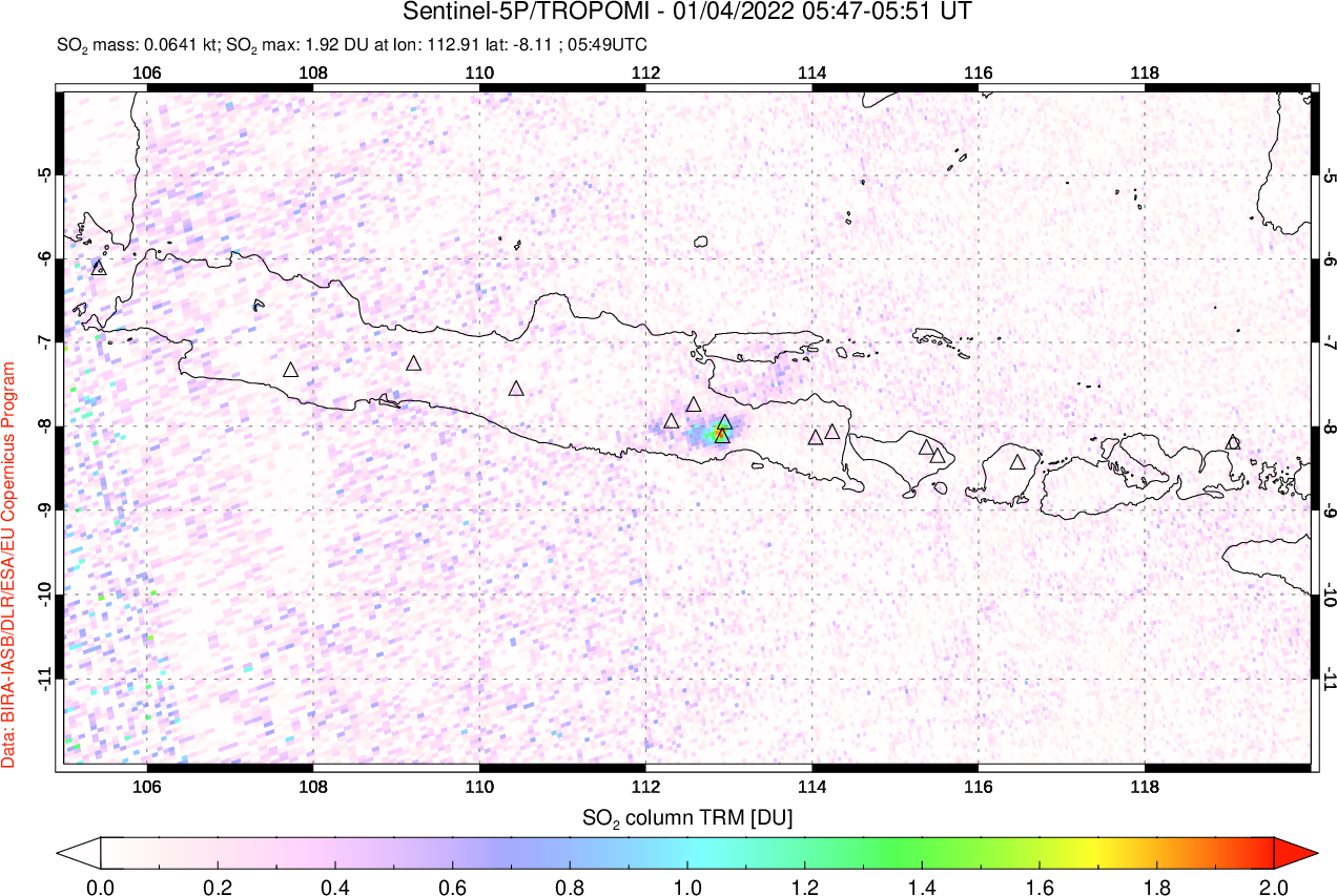 A sulfur dioxide image over Java, Indonesia on Jan 04, 2022.