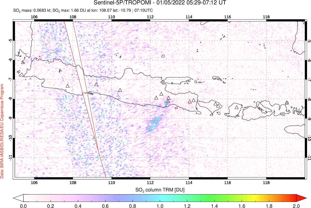 A sulfur dioxide image over Java, Indonesia on Jan 05, 2022.