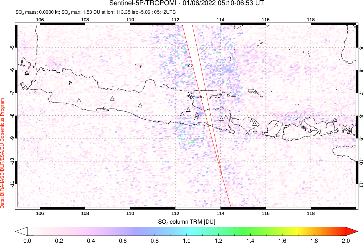A sulfur dioxide image over Java, Indonesia on Jan 06, 2022.