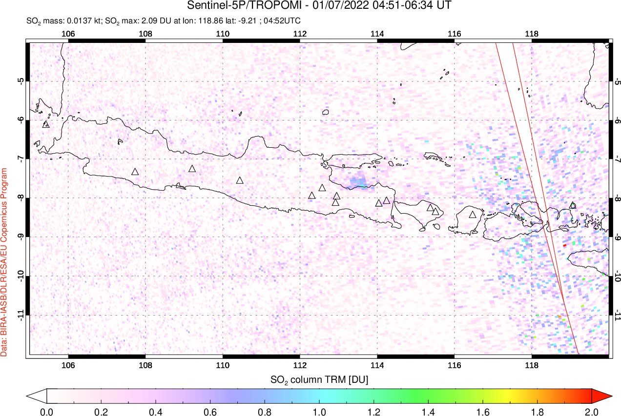 A sulfur dioxide image over Java, Indonesia on Jan 07, 2022.