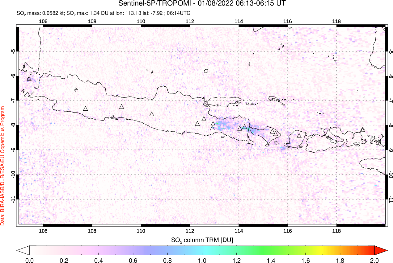 A sulfur dioxide image over Java, Indonesia on Jan 08, 2022.