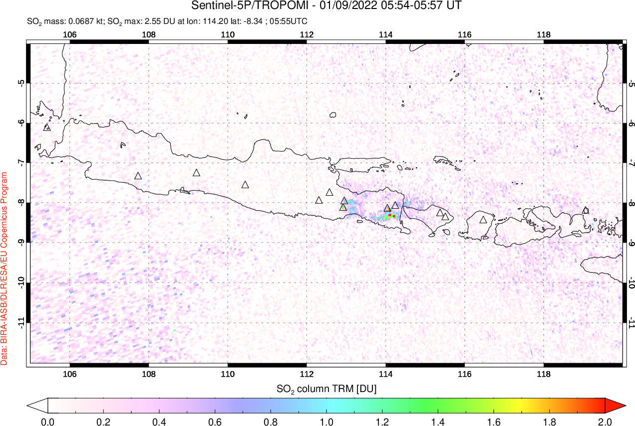 A sulfur dioxide image over Java, Indonesia on Jan 09, 2022.