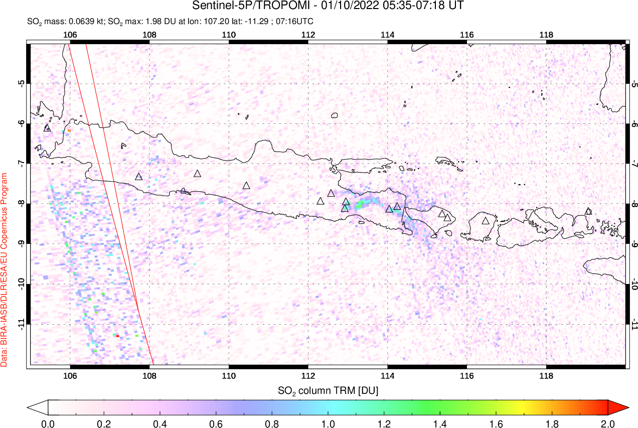 A sulfur dioxide image over Java, Indonesia on Jan 10, 2022.