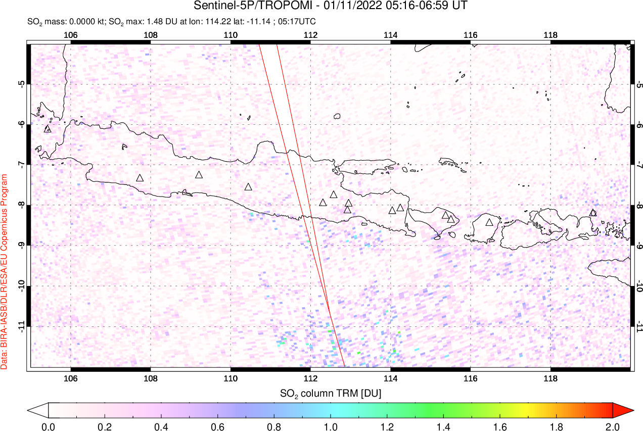 A sulfur dioxide image over Java, Indonesia on Jan 11, 2022.