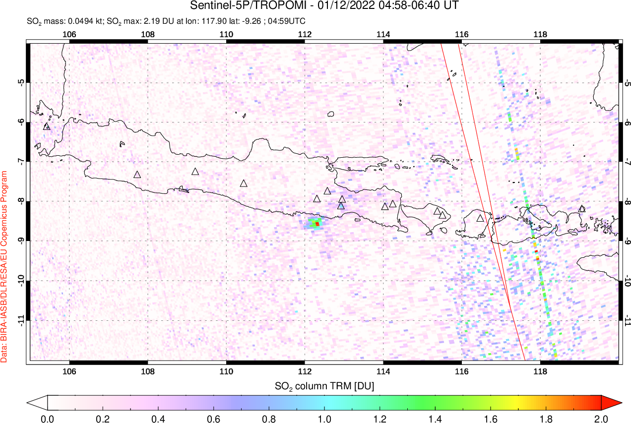 A sulfur dioxide image over Java, Indonesia on Jan 12, 2022.