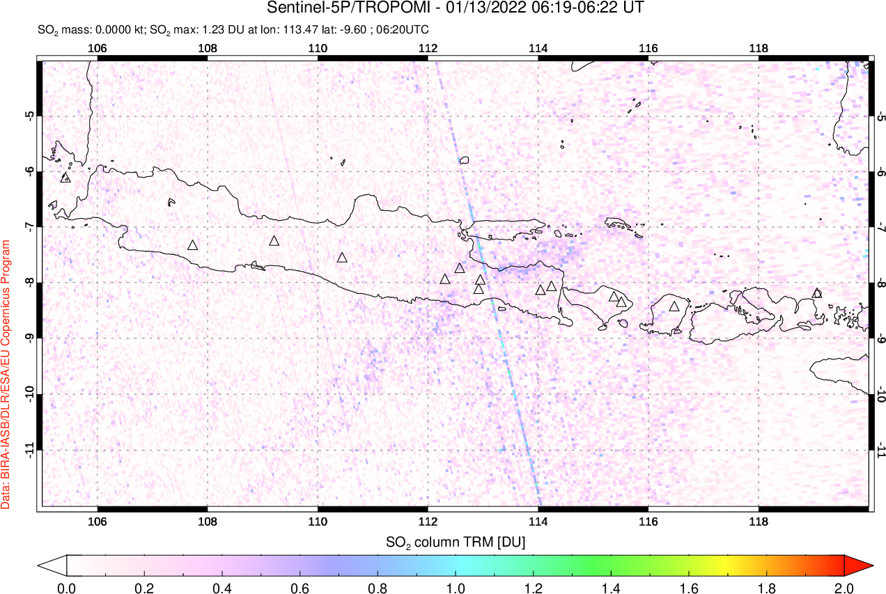 A sulfur dioxide image over Java, Indonesia on Jan 13, 2022.