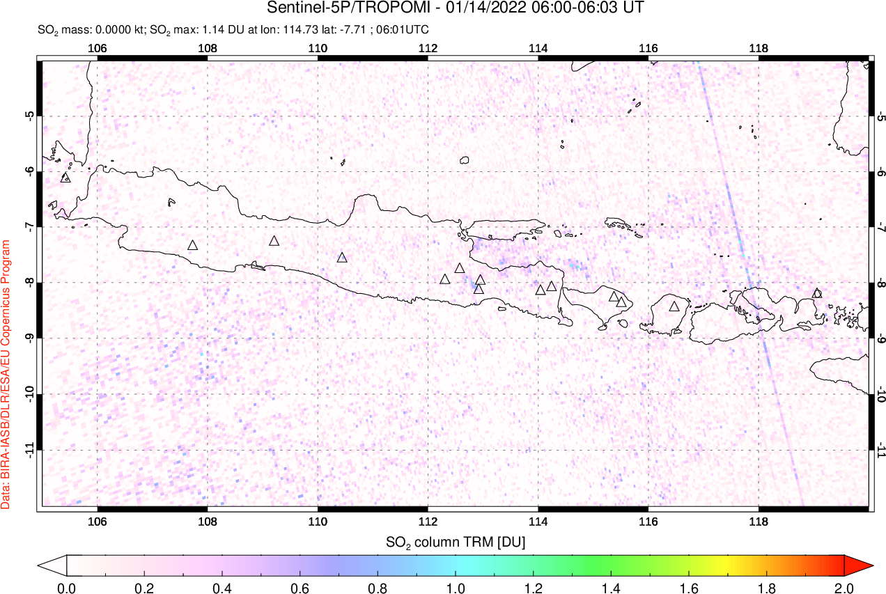 A sulfur dioxide image over Java, Indonesia on Jan 14, 2022.