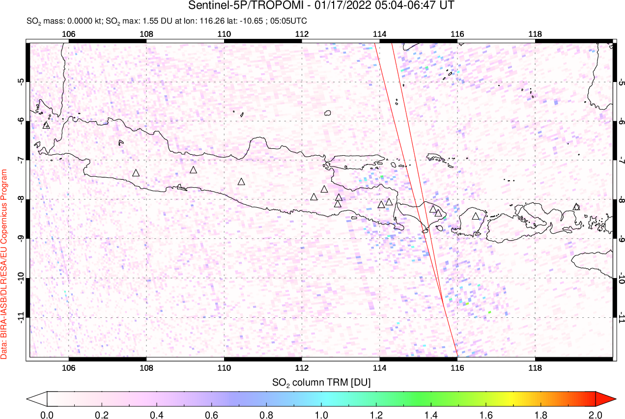 A sulfur dioxide image over Java, Indonesia on Jan 17, 2022.