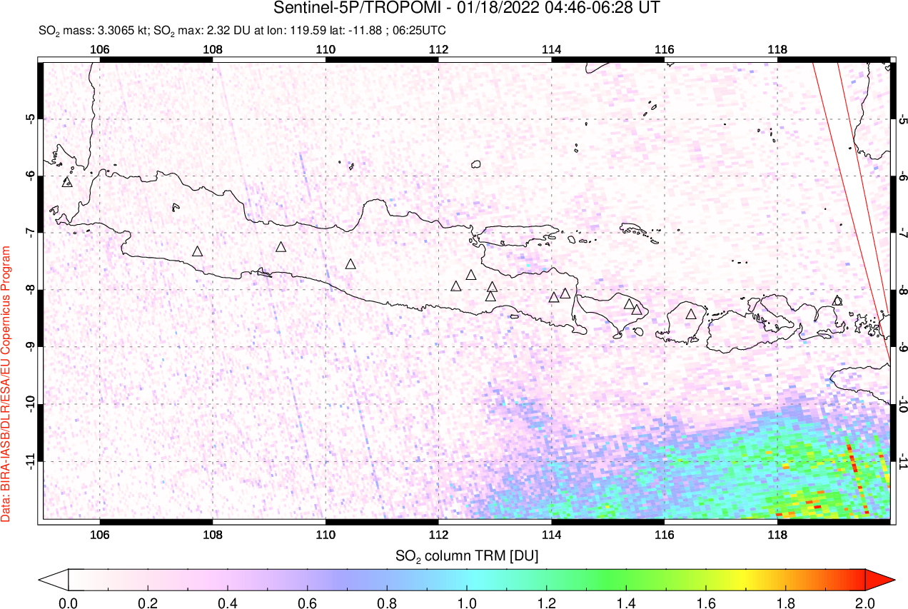 A sulfur dioxide image over Java, Indonesia on Jan 18, 2022.