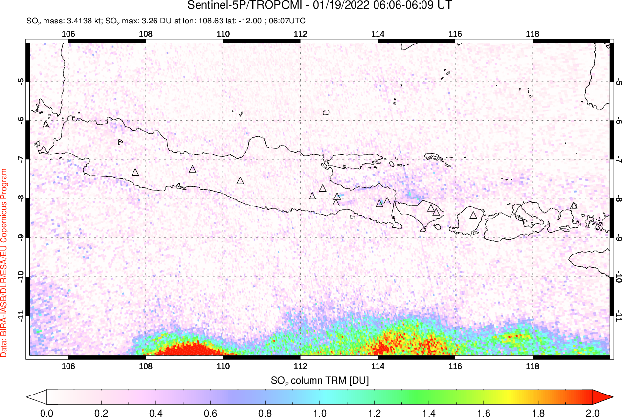 A sulfur dioxide image over Java, Indonesia on Jan 19, 2022.