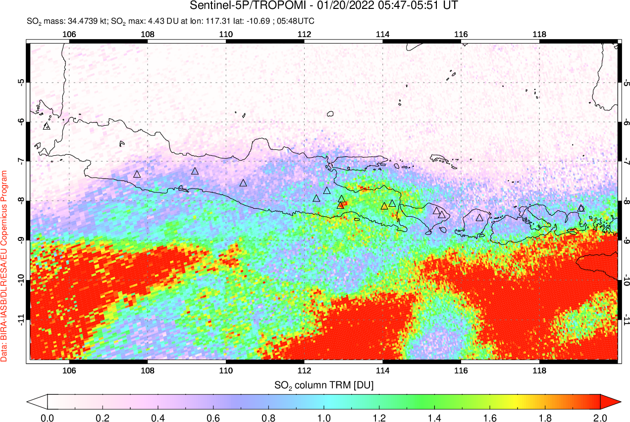 A sulfur dioxide image over Java, Indonesia on Jan 20, 2022.