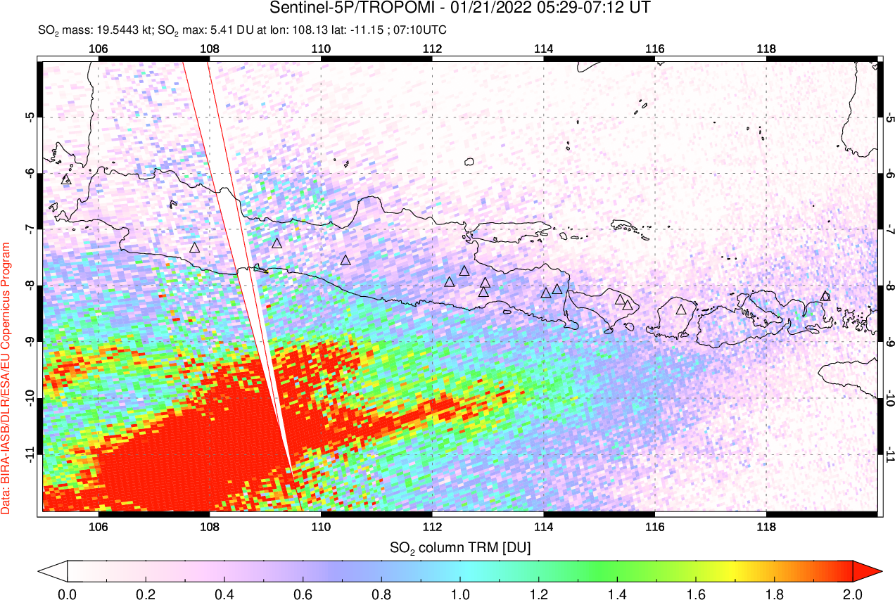 A sulfur dioxide image over Java, Indonesia on Jan 21, 2022.