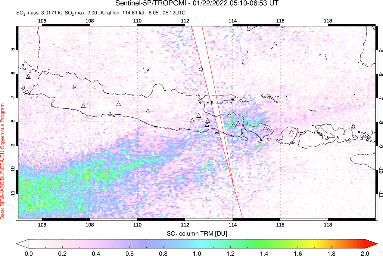 A sulfur dioxide image over Java, Indonesia on Jan 22, 2022.
