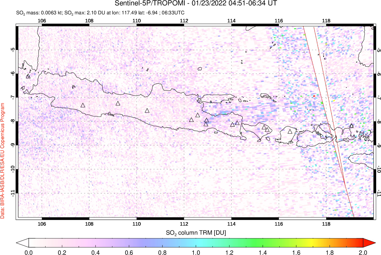 A sulfur dioxide image over Java, Indonesia on Jan 23, 2022.