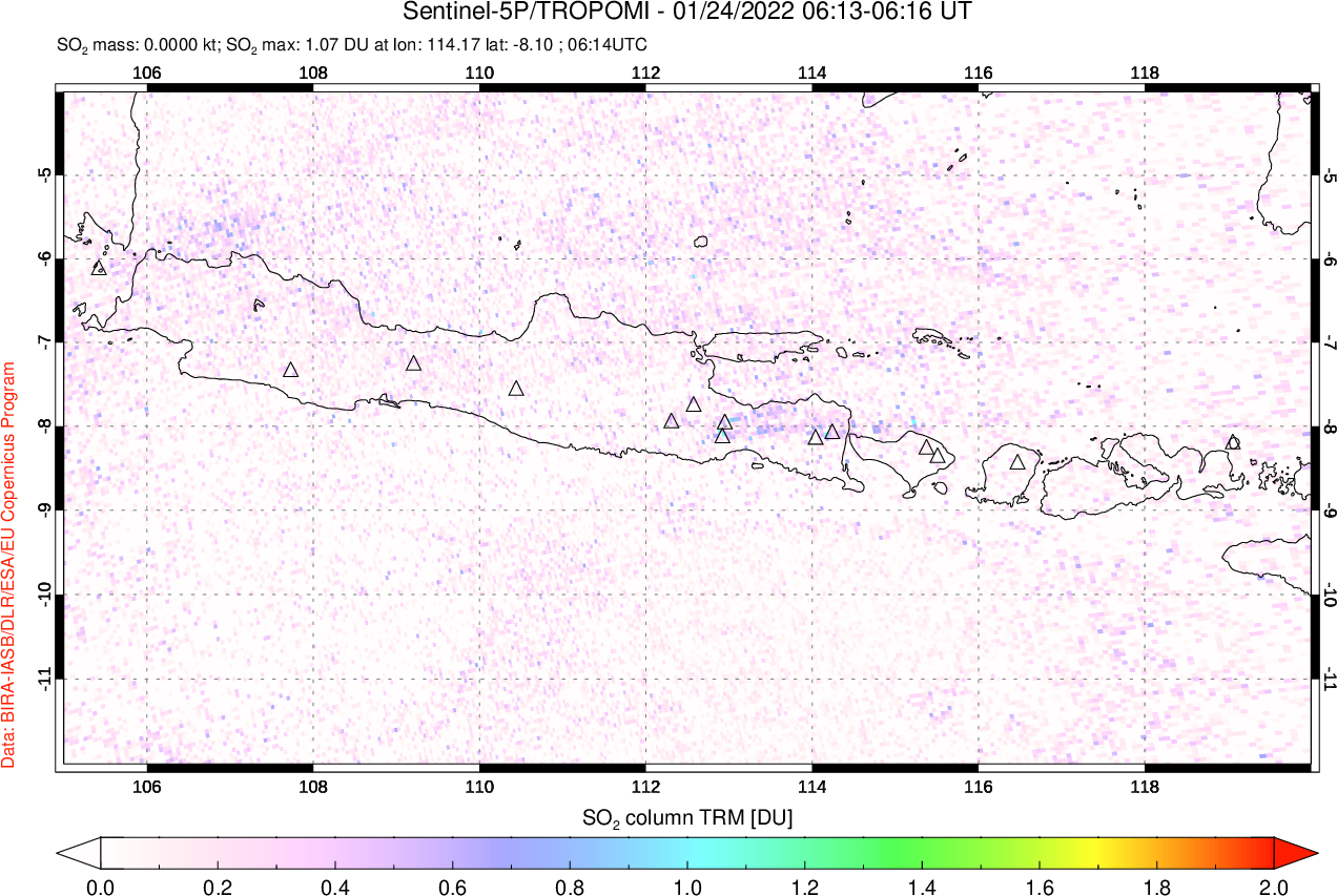 A sulfur dioxide image over Java, Indonesia on Jan 24, 2022.