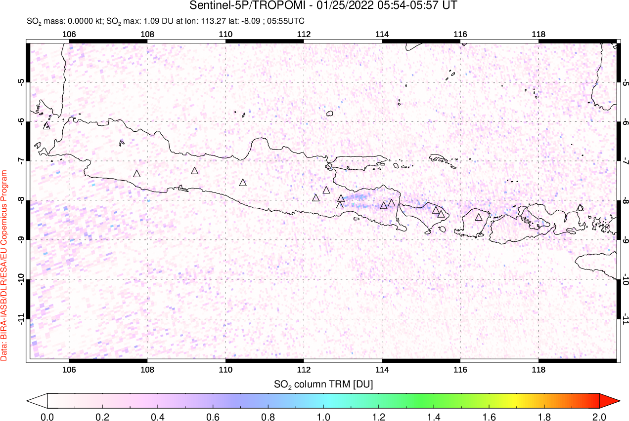 A sulfur dioxide image over Java, Indonesia on Jan 25, 2022.