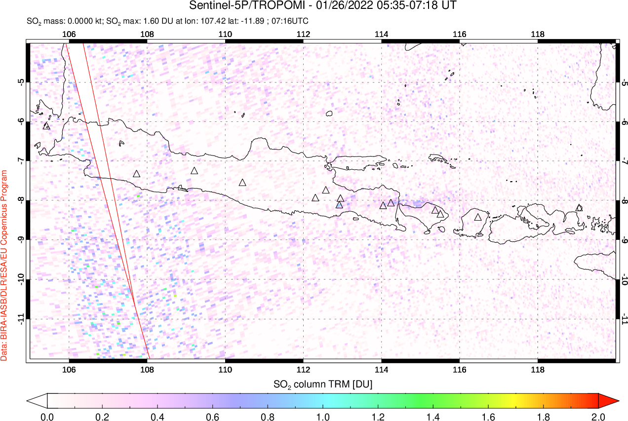 A sulfur dioxide image over Java, Indonesia on Jan 26, 2022.