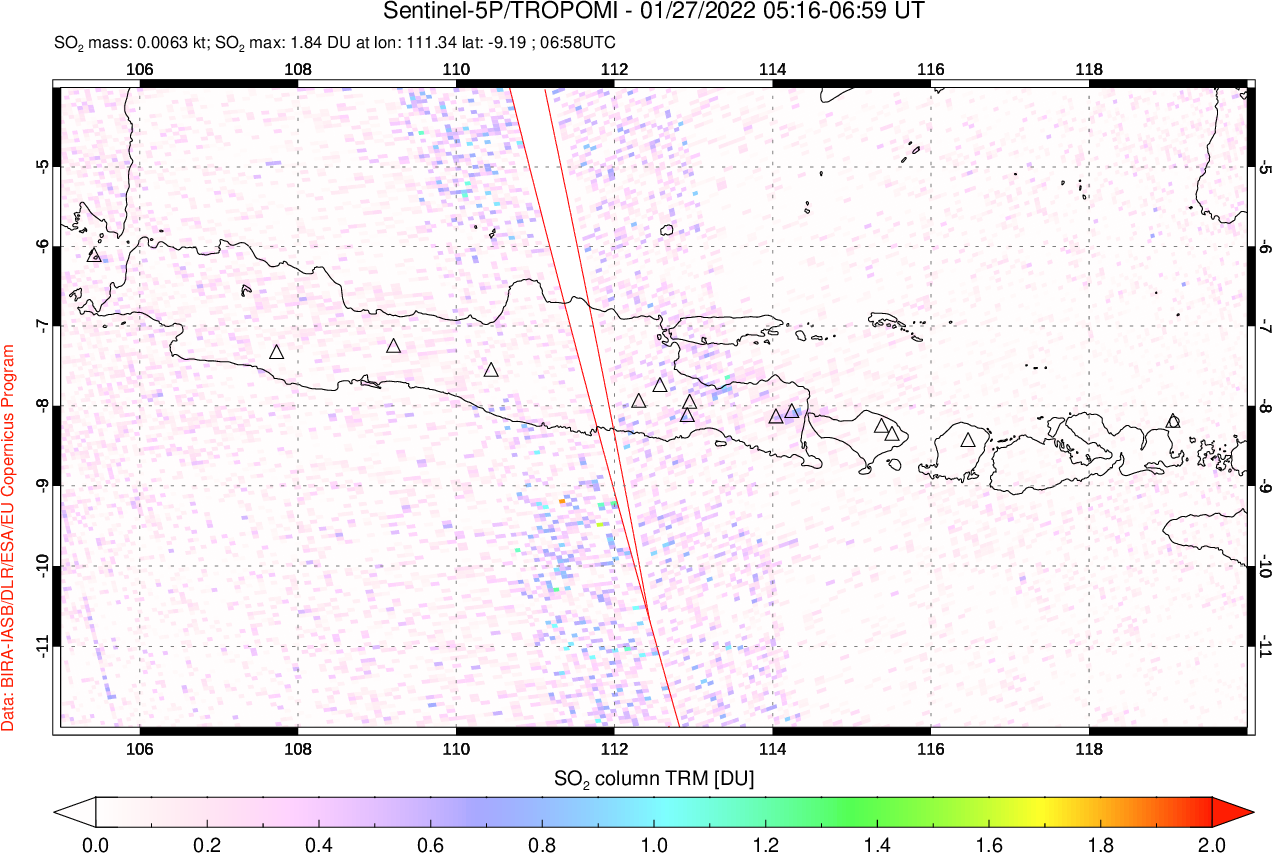 A sulfur dioxide image over Java, Indonesia on Jan 27, 2022.