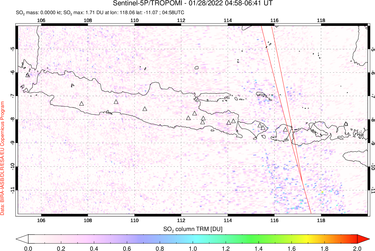 A sulfur dioxide image over Java, Indonesia on Jan 28, 2022.