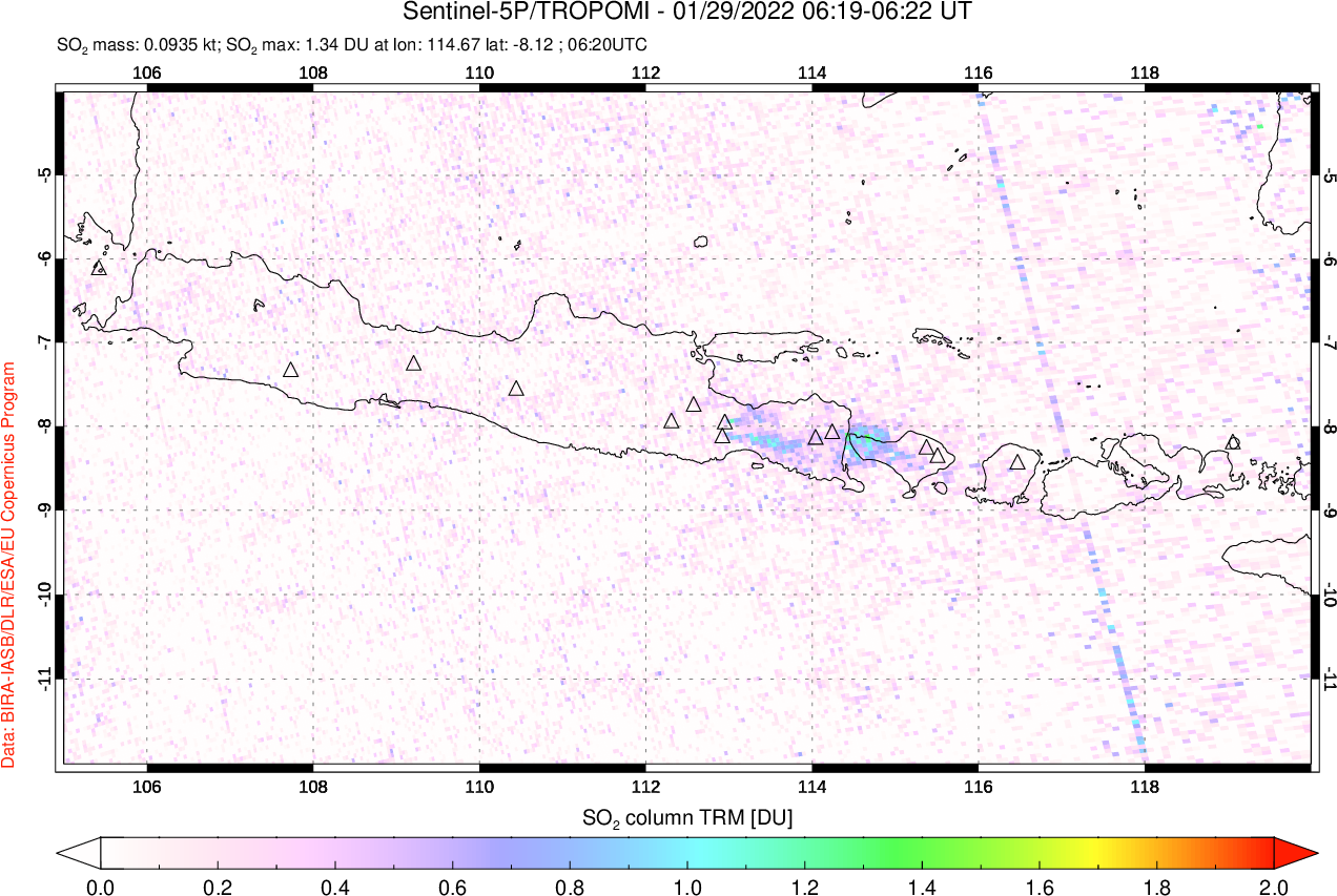 A sulfur dioxide image over Java, Indonesia on Jan 29, 2022.