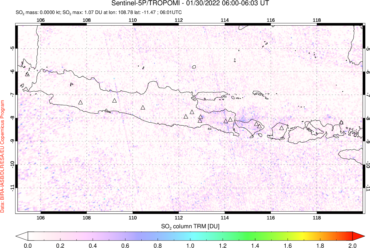 A sulfur dioxide image over Java, Indonesia on Jan 30, 2022.
