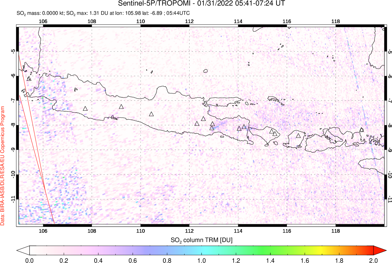 A sulfur dioxide image over Java, Indonesia on Jan 31, 2022.