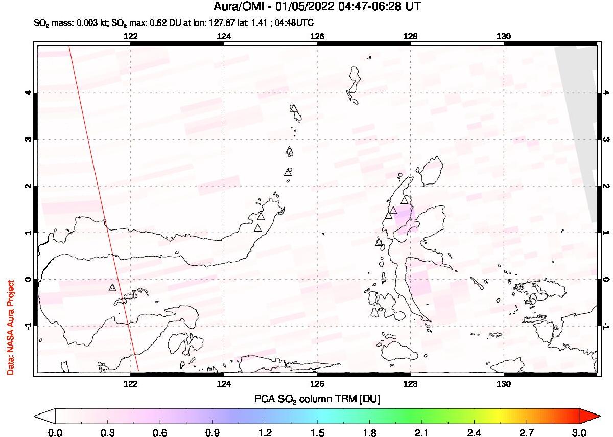 A sulfur dioxide image over Northern Sulawesi & Halmahera, Indonesia on Jan 05, 2022.