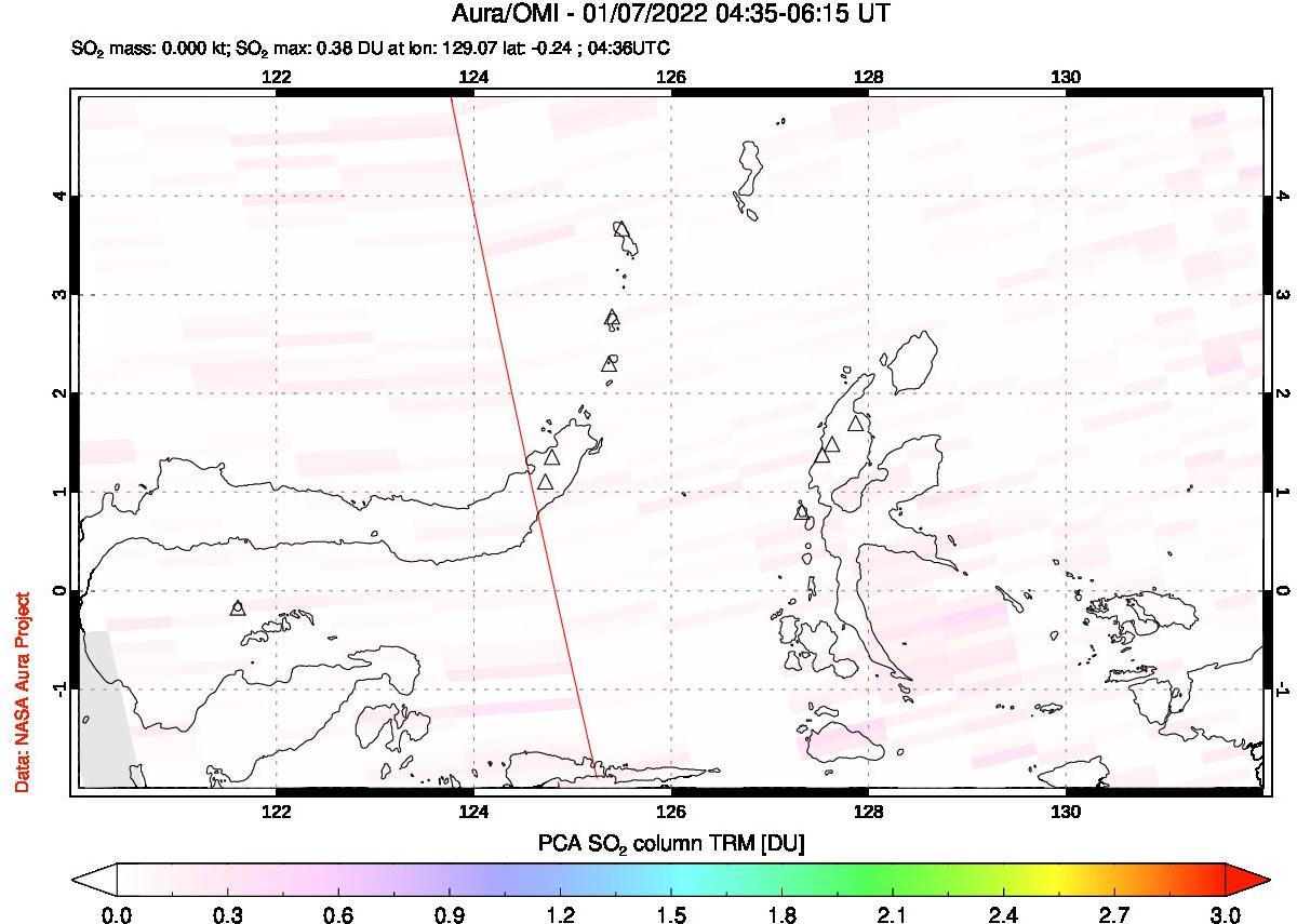 A sulfur dioxide image over Northern Sulawesi & Halmahera, Indonesia on Jan 07, 2022.