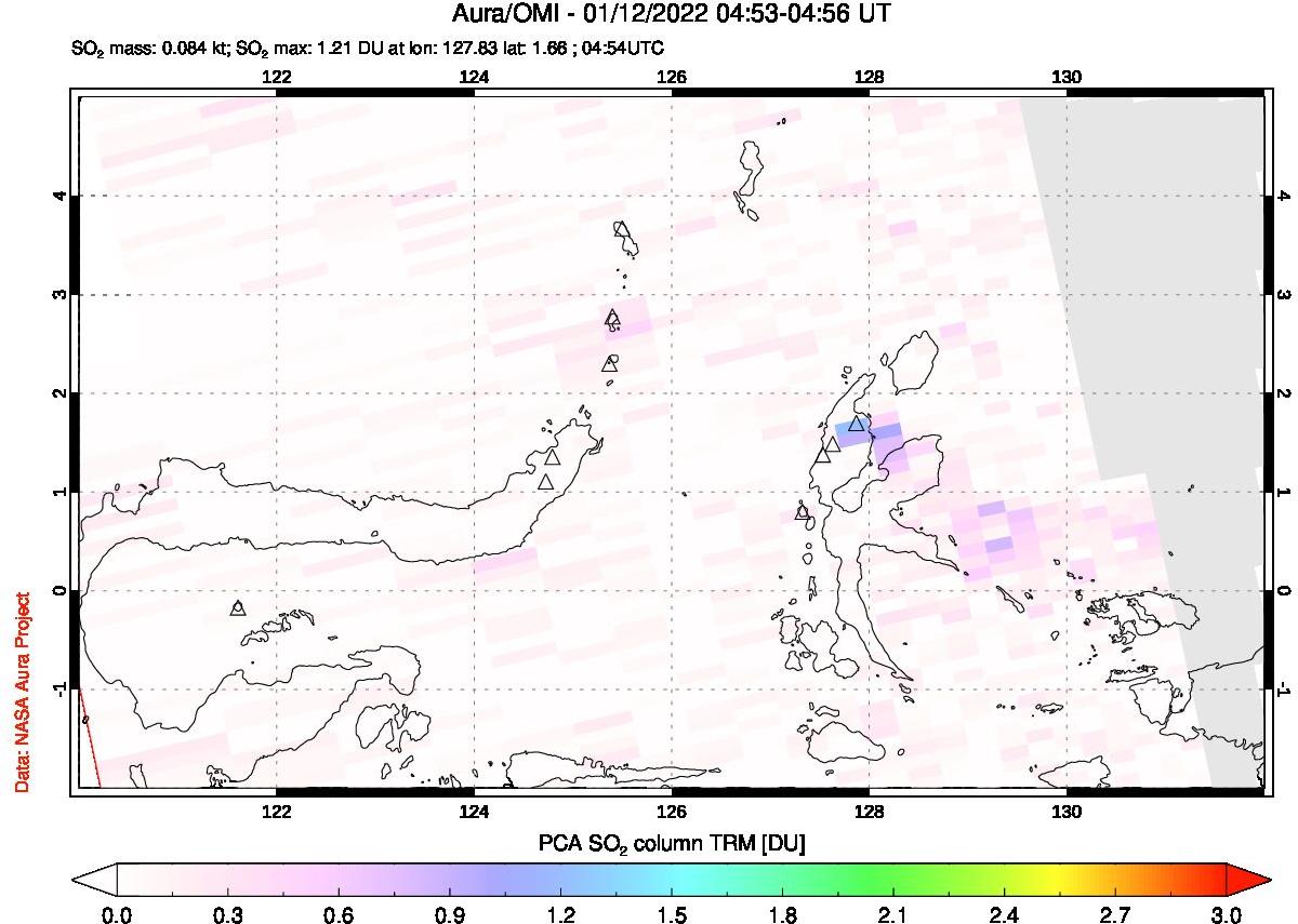 A sulfur dioxide image over Northern Sulawesi & Halmahera, Indonesia on Jan 12, 2022.