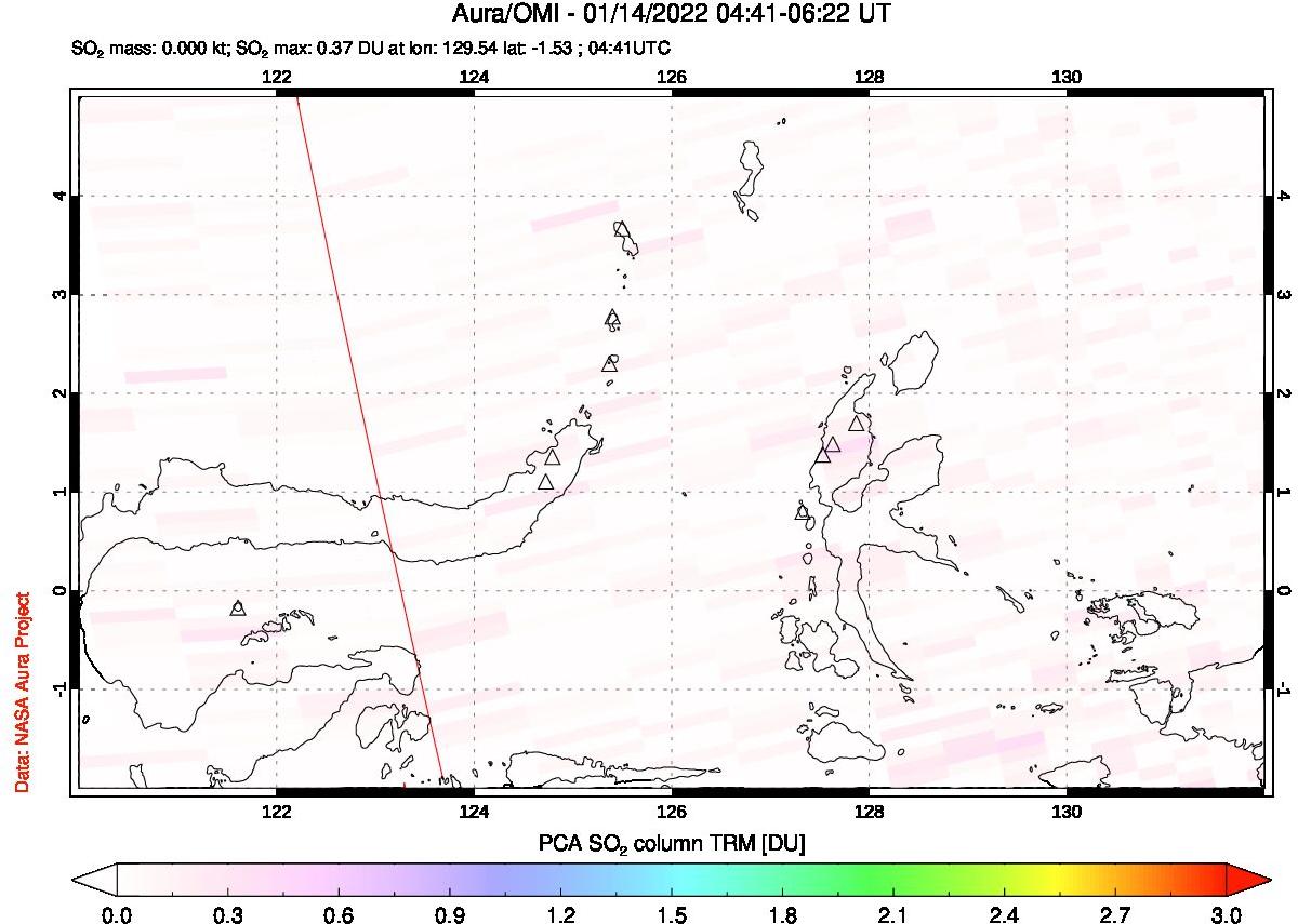 A sulfur dioxide image over Northern Sulawesi & Halmahera, Indonesia on Jan 14, 2022.
