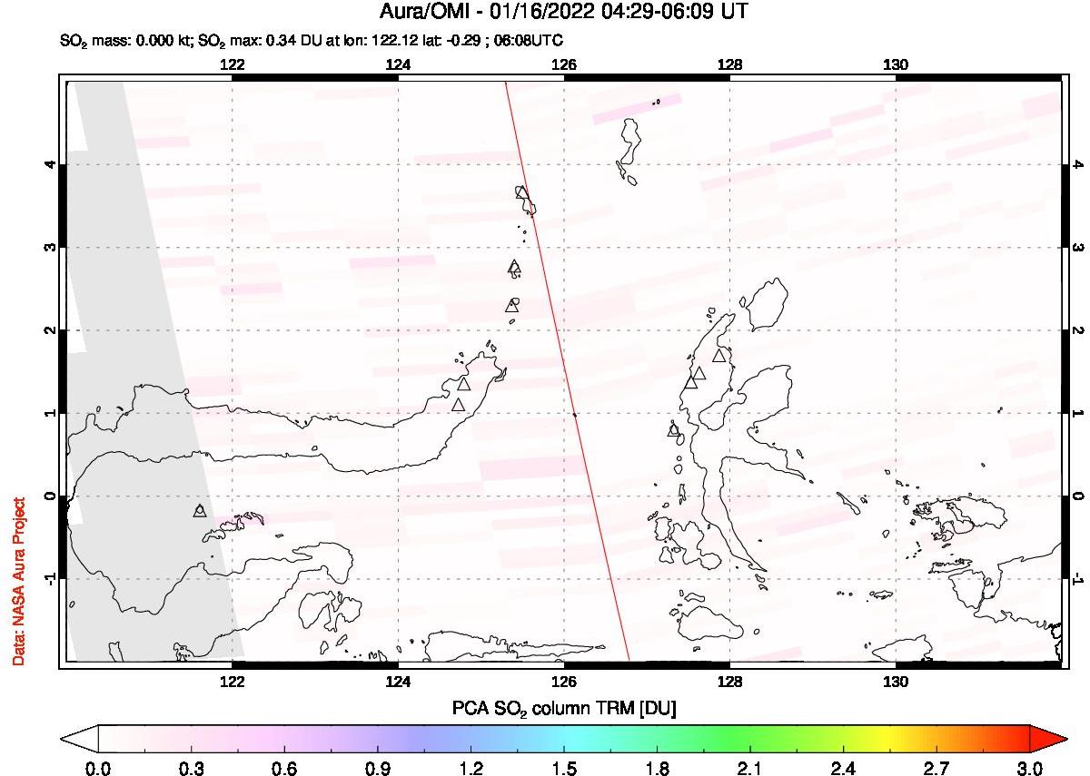 A sulfur dioxide image over Northern Sulawesi & Halmahera, Indonesia on Jan 16, 2022.
