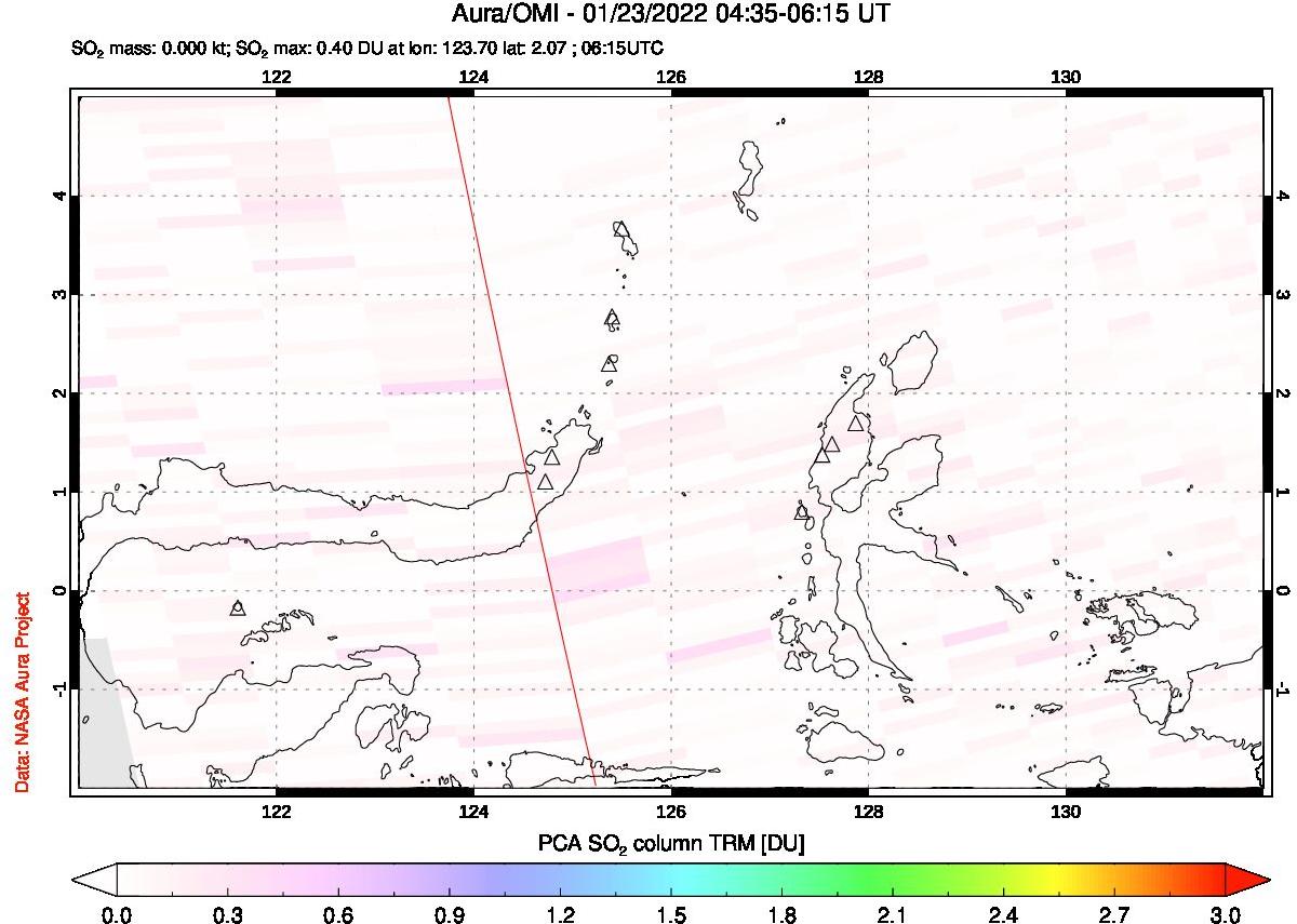 A sulfur dioxide image over Northern Sulawesi & Halmahera, Indonesia on Jan 23, 2022.