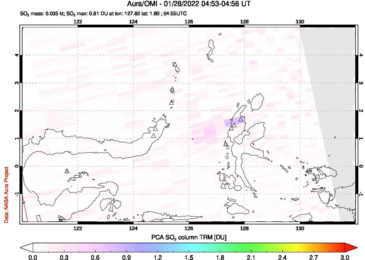 A sulfur dioxide image over Northern Sulawesi & Halmahera, Indonesia on Jan 28, 2022.