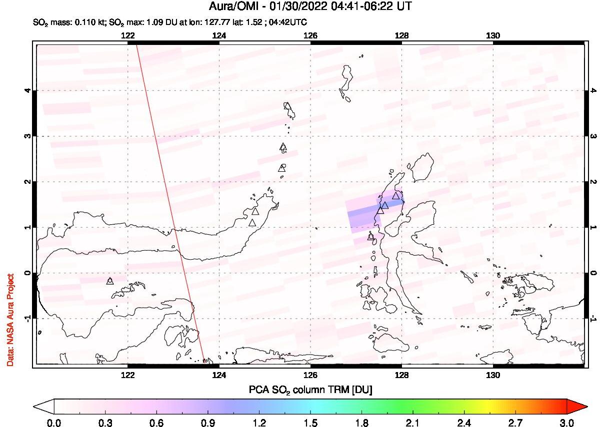 A sulfur dioxide image over Northern Sulawesi & Halmahera, Indonesia on Jan 30, 2022.