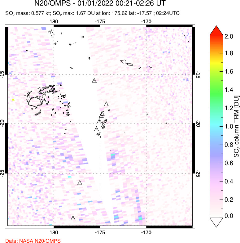 A sulfur dioxide image over Tonga, South Pacific on Jan 01, 2022.