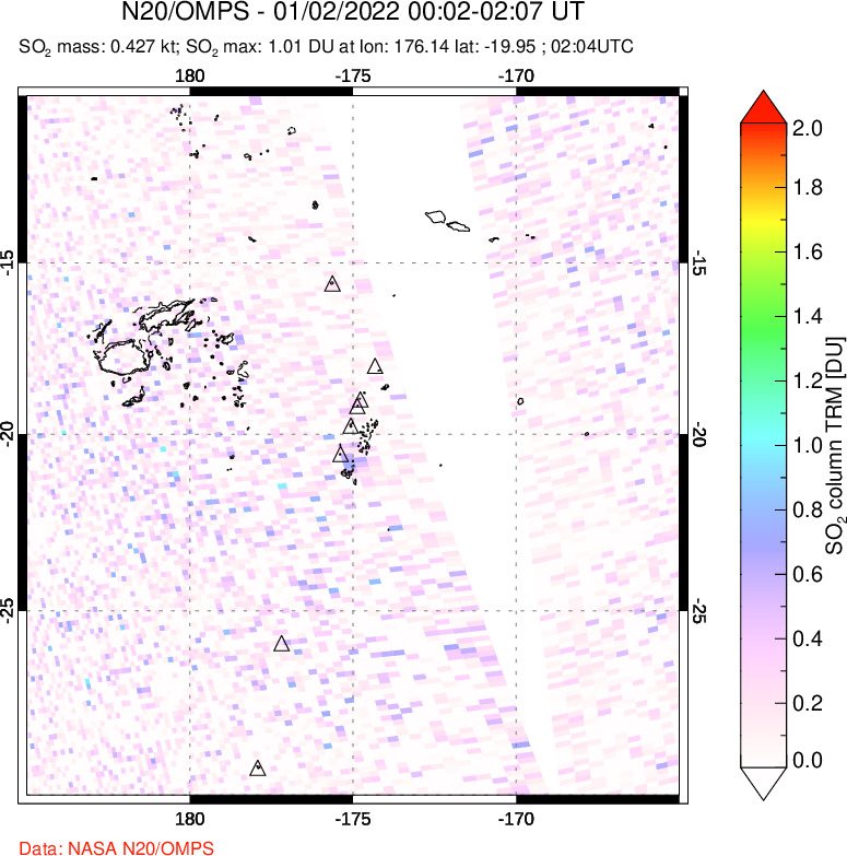 A sulfur dioxide image over Tonga, South Pacific on Jan 02, 2022.