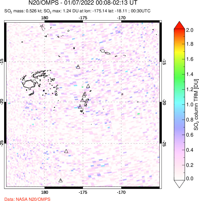 A sulfur dioxide image over Tonga, South Pacific on Jan 07, 2022.